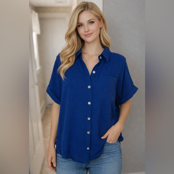 Monteau Los Angeles Tops - MONTEAU Elegant Royal Blue Button-Down Shirt